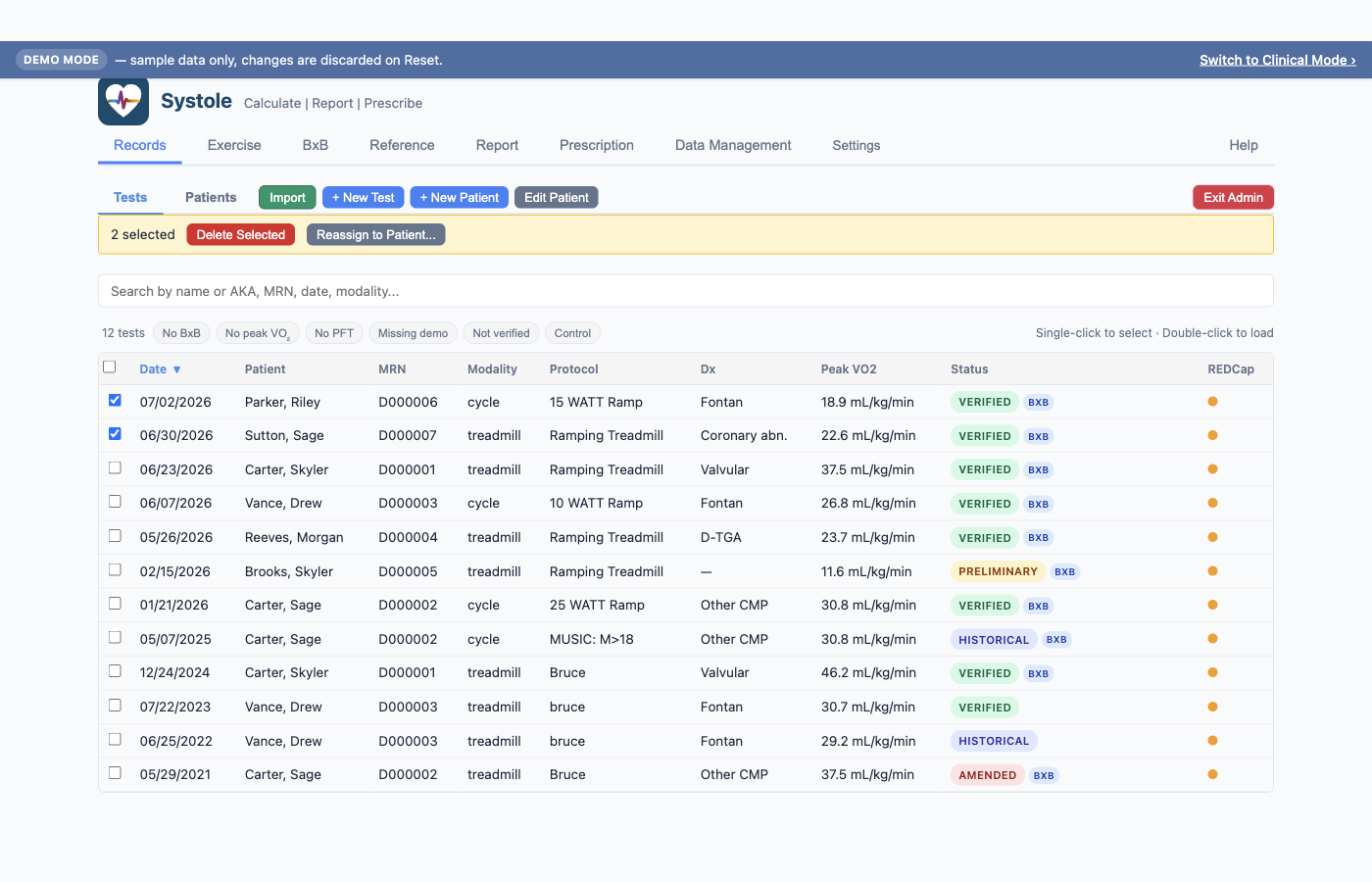 Admin mode active — checkbox column, selection count, Delete Selected, and Reassign to Patient toolbar