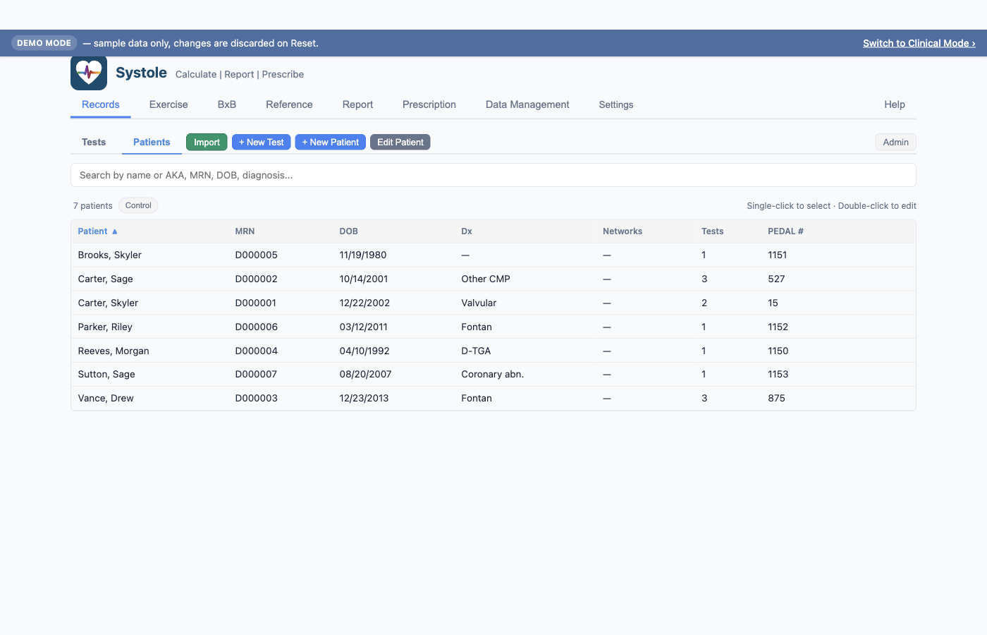 Records Patients sub-tab showing the columns, search box, and action buttons