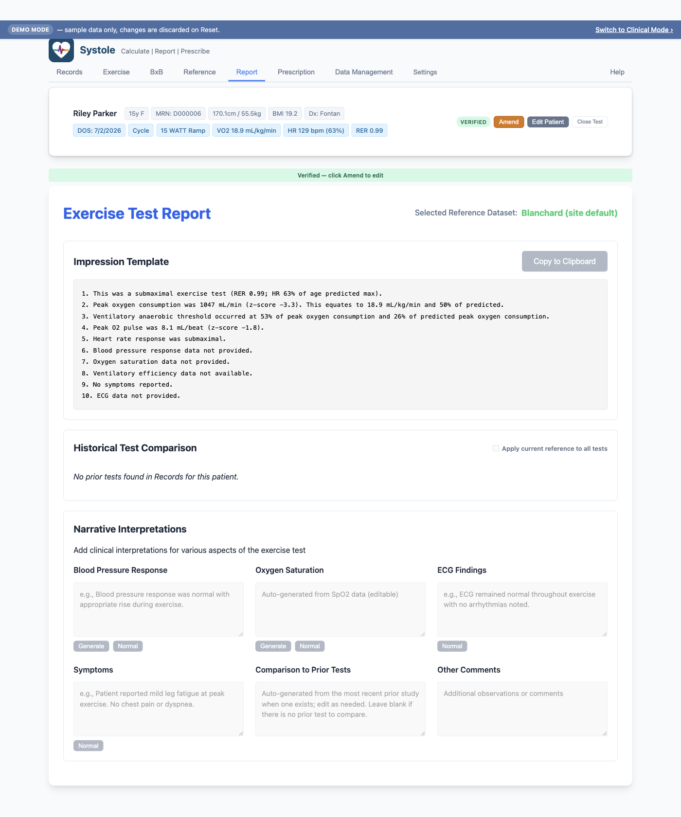 Report tab — selected reference badge, auto-generated clinical impression, and the narrative fields