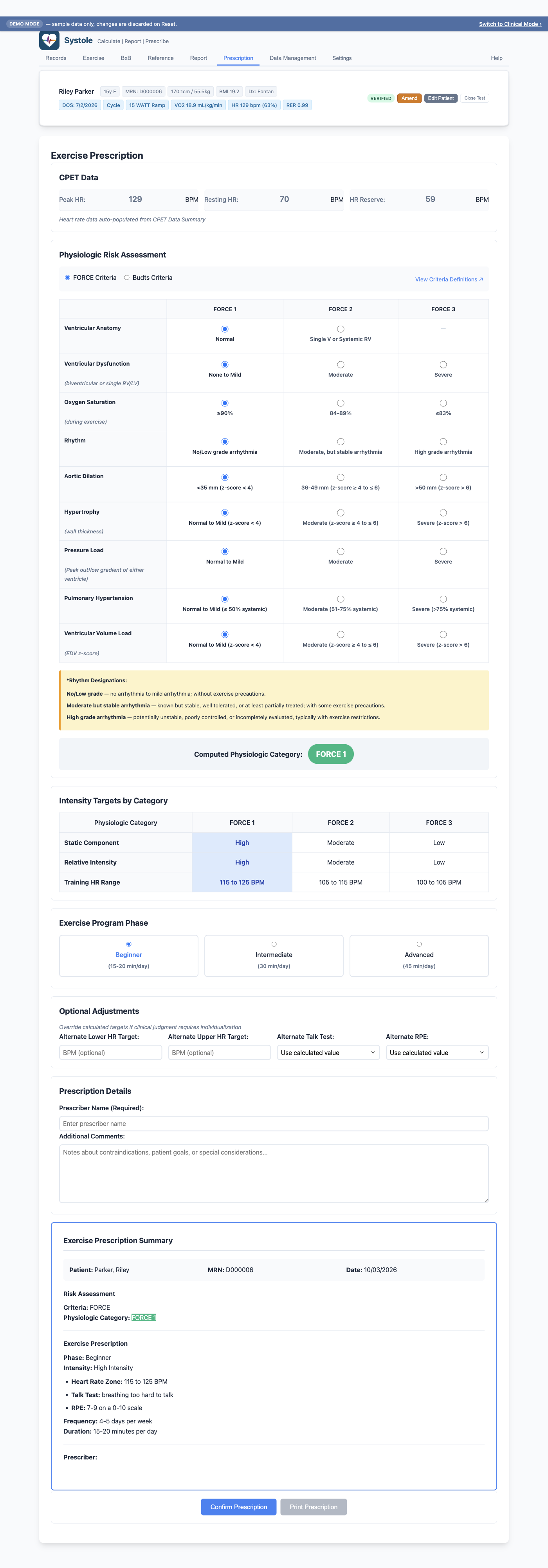 Prescription tab — criteria selector, physiologic domain ratings, target HR zones, and exercise program phase options