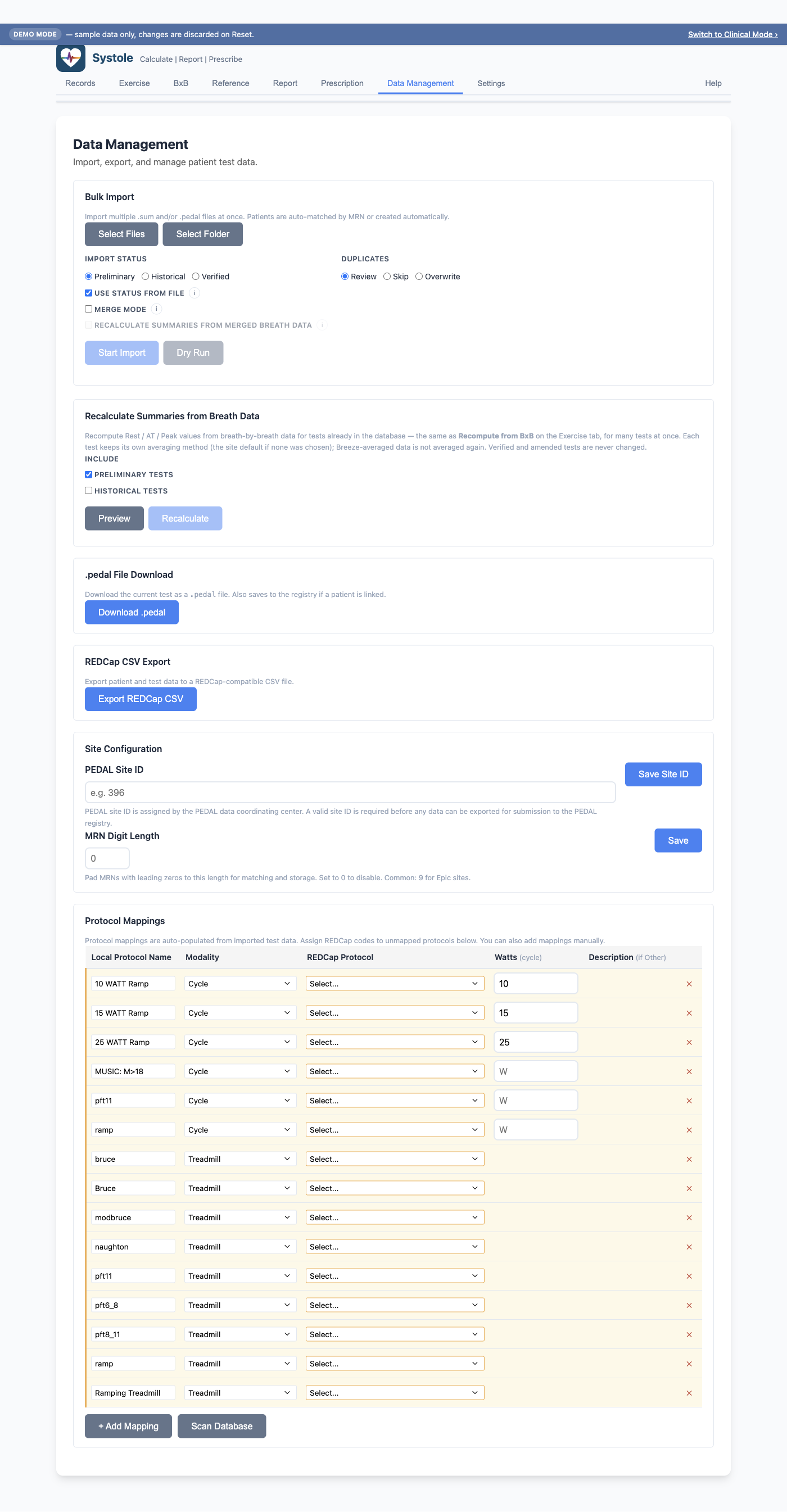 Data Management tab — Bulk Import, .pedal Download, REDCap CSV Export, Site Configuration, and Protocol Mappings sections