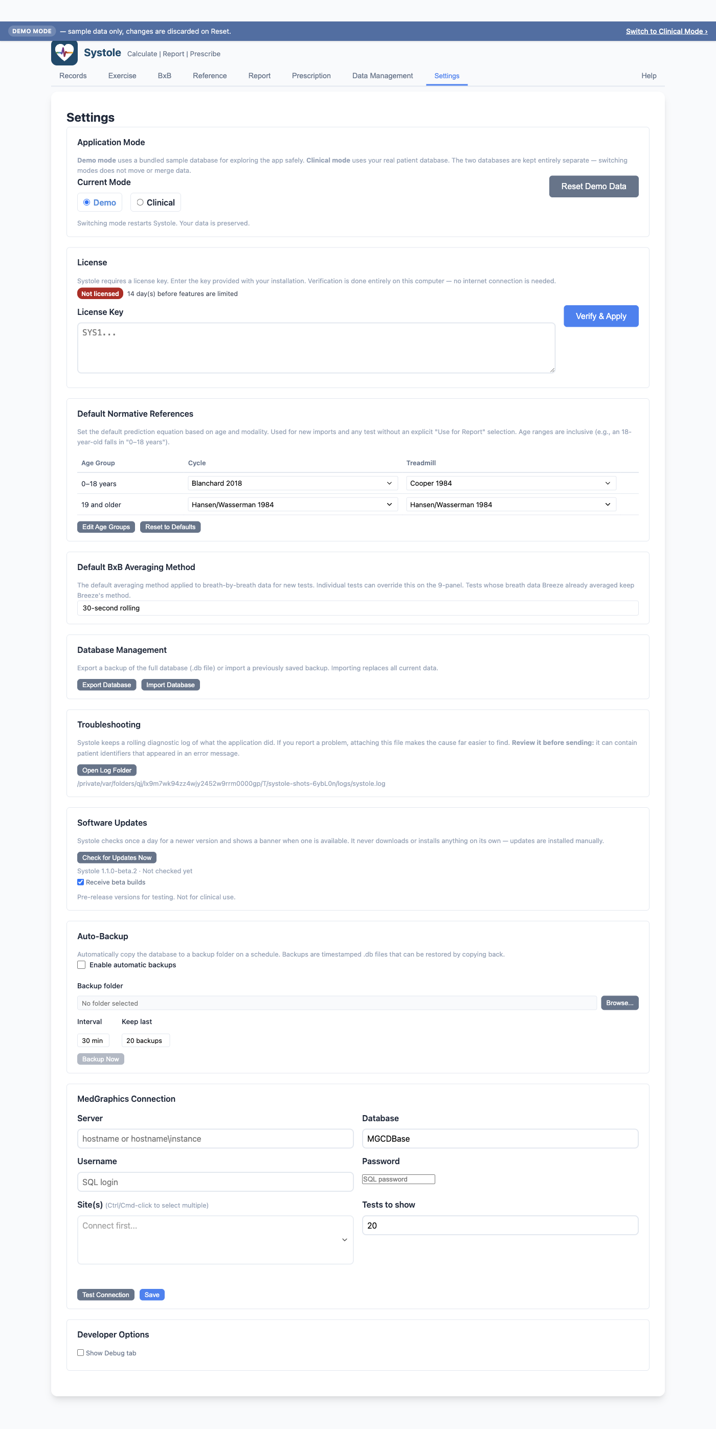 Settings tab — Application Mode, License, Default Normative References, BxB averaging, Database Management, Troubleshooting, Software Updates, Auto-Backup, and MedGraphics Connection sections