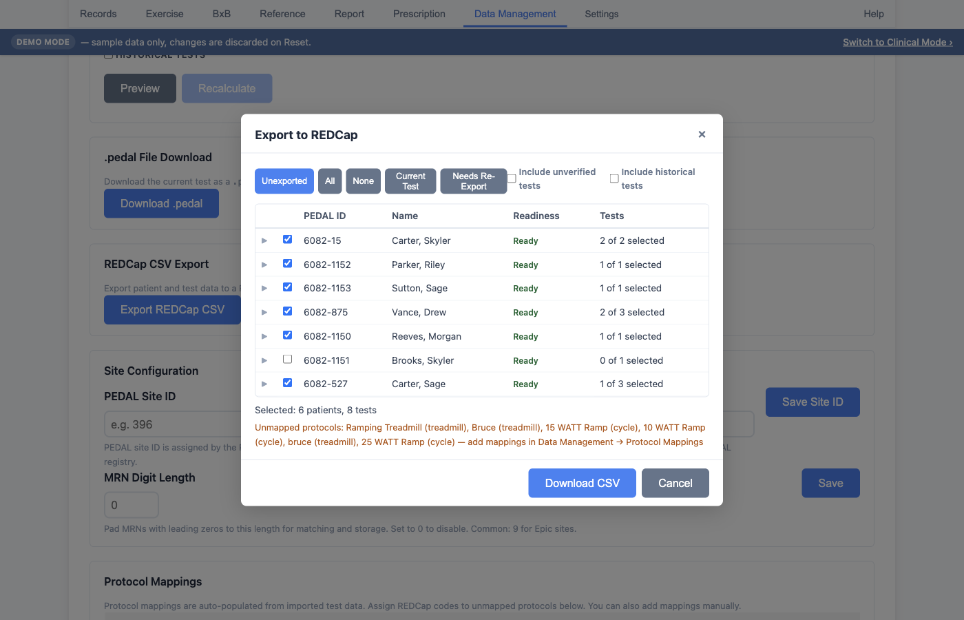 Export to REDCap dialog — the five quick-select buttons including Needs Re-Export, status-gate checkboxes, the per-patient selection table, and the selection summary with an unmapped-protocol warning